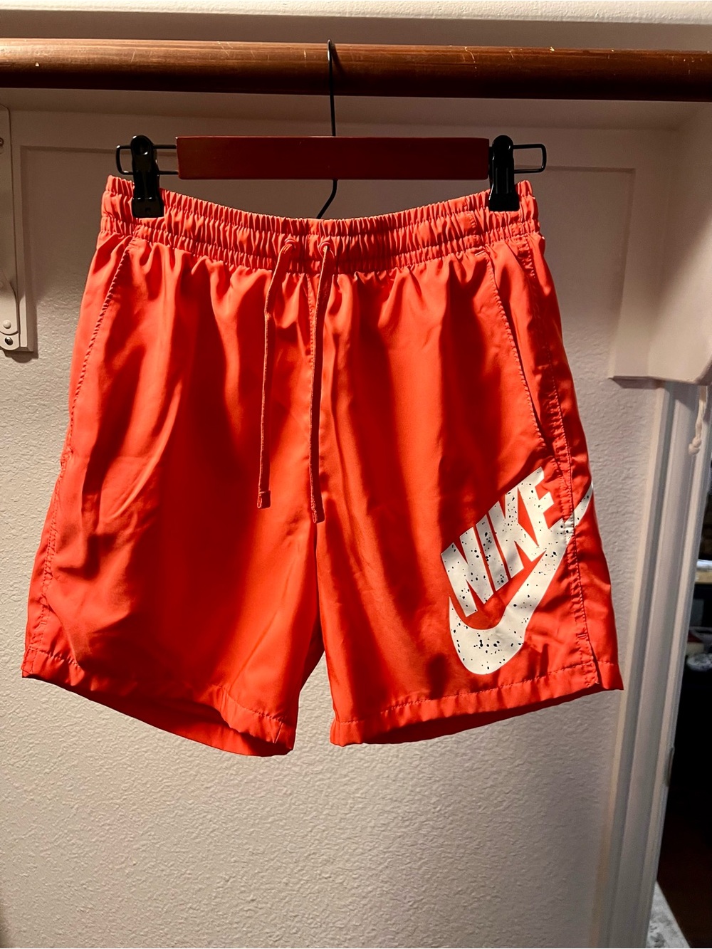 Nike Coral Orange Athletic Swim Shorts with White Swoosh. Size Small